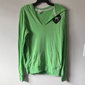 PINK Victoria's Secret Bright Green V-Neck Hooded Pullover